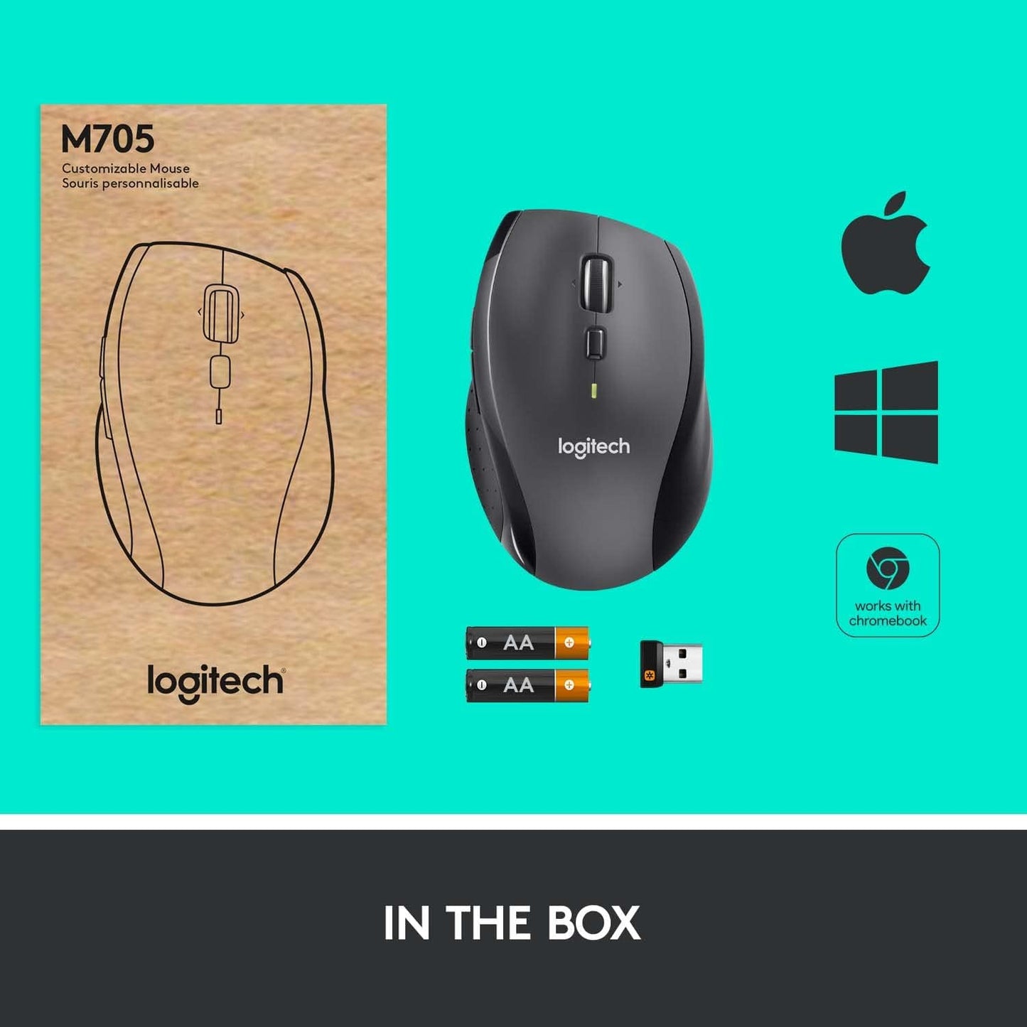 Logitech M705 Marathon Wireless Mouse, Gaming Mouse Wireless, 2.4 GHz USB Receiver, 5-Programmable Buttons, 3-Year Battery, PC, Mac, Laptop, Chromebook - Black