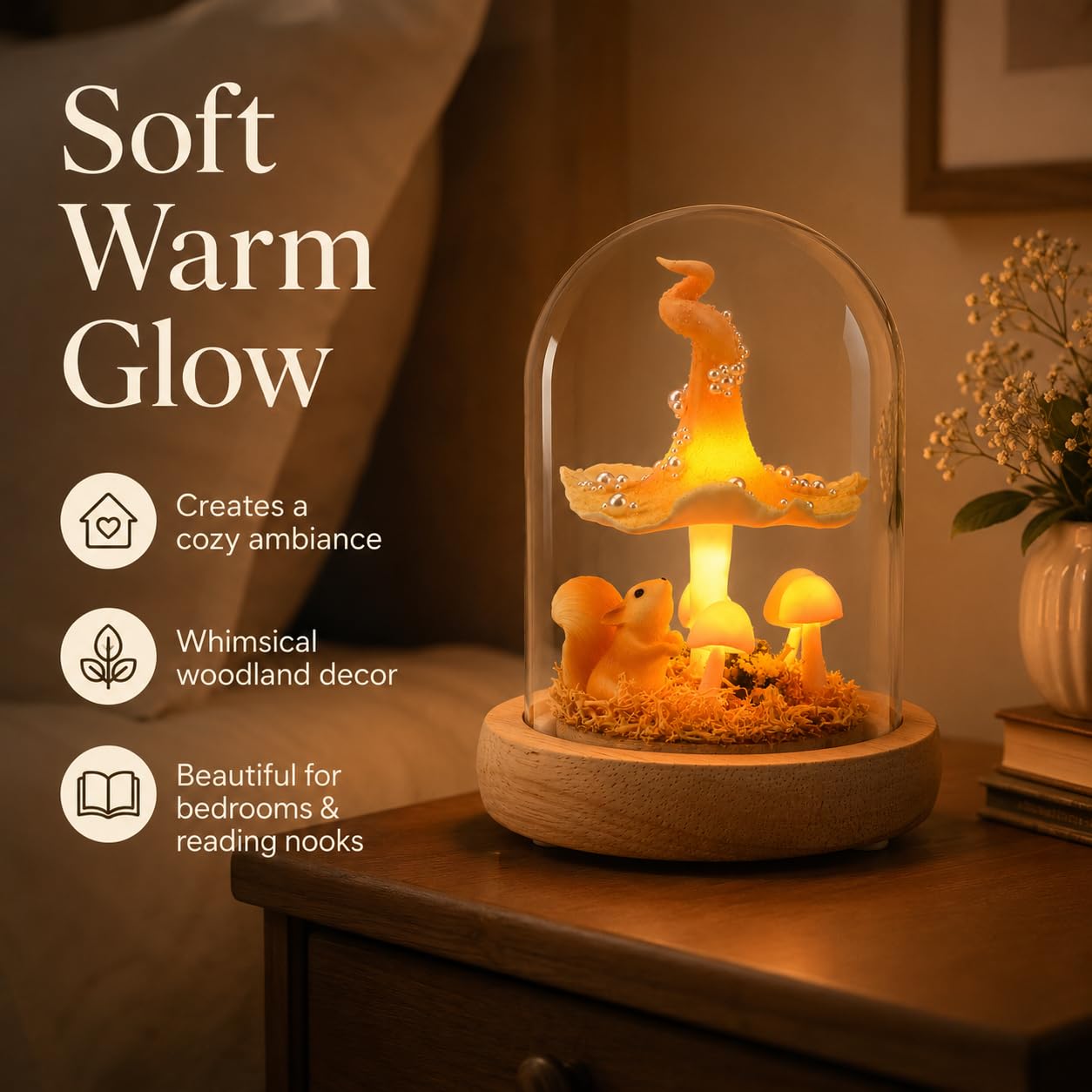 QUELIEN Mushroom Lamp in Glass Dome,Mushroom Gifts for Women - Warm LED Night Light for Bedroom Decor,Birthday Party Decorations,Ideal Birthday Gift Valentines Gift