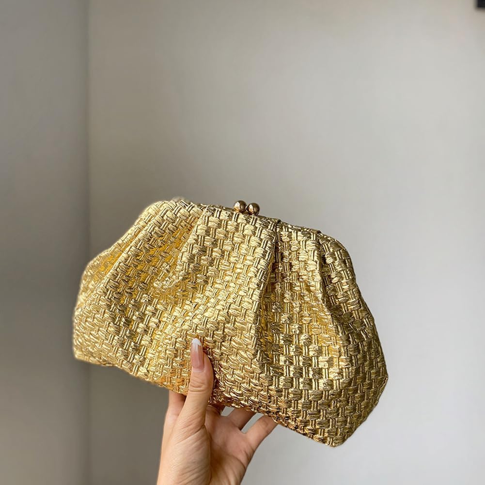 CUXVA Woven Pattern Clutch Purse Ruched Dumpling Evening Bag Chain Strap Handbags Elegant PU Leather Clutch Bag