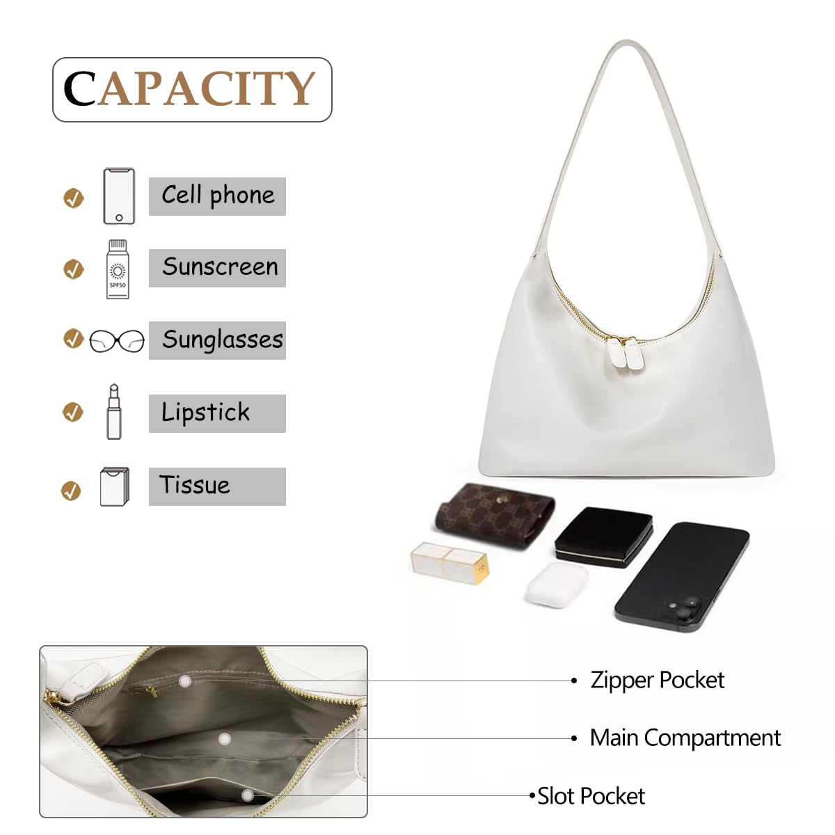 Small Shoulder Bag for Women Cute Hobo Purses Trendy Leather Tote Handbags Classic White Underarm Purse with Double Zipper