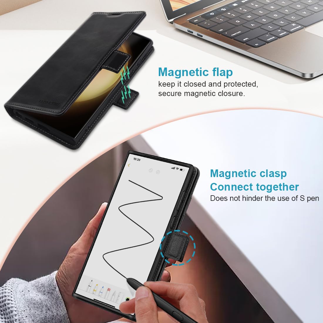 KEZiHOME for Samsung Galaxy S24 Ultra Case, Genuine Leather Wallet Case [RFID Blocking] Card Slot Kickstand Magnetic Protective Phone Folio Cover Compatible with Samsung S24 Ultra 6.8" (Black)