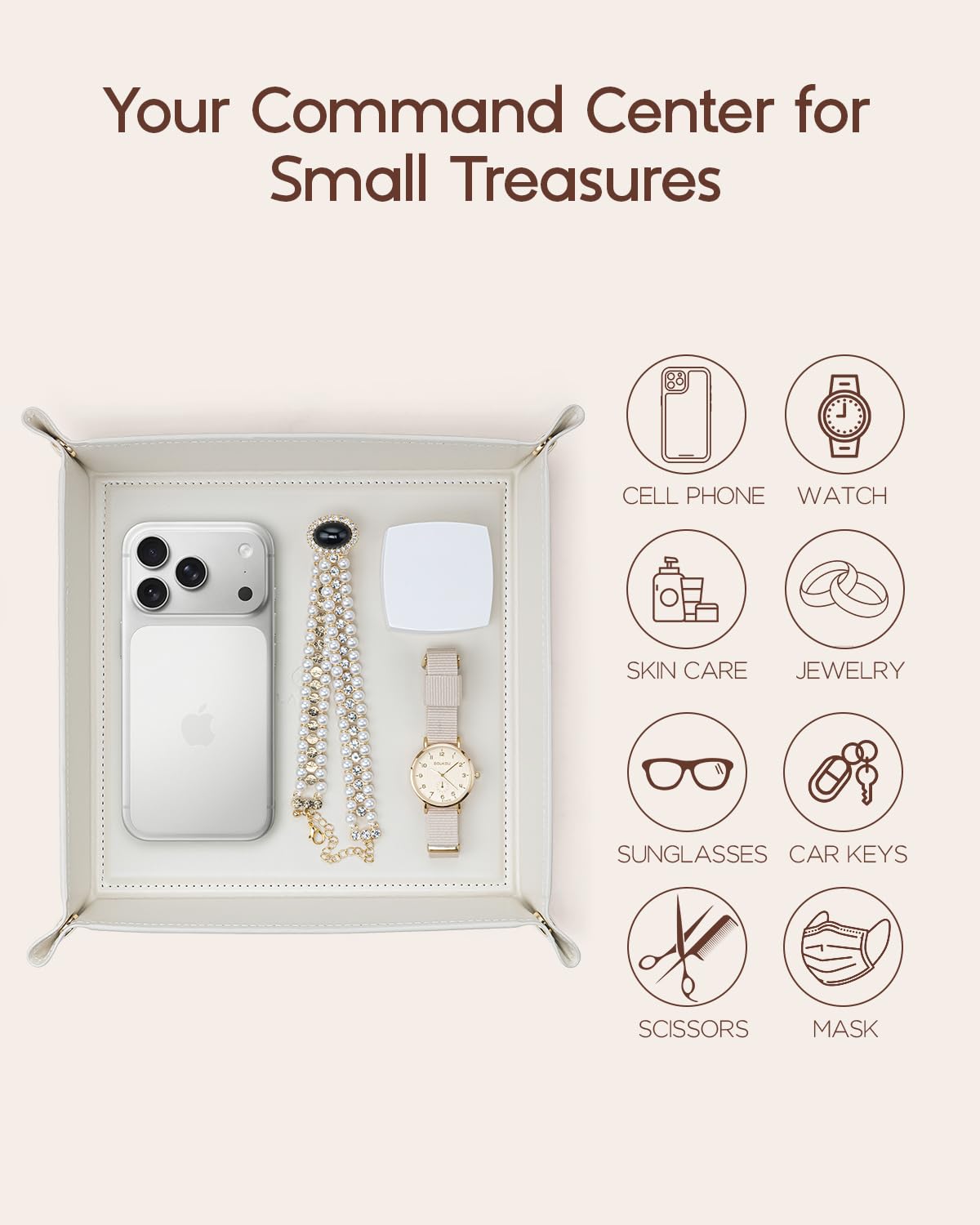 VLANDO Valet Tray,Nightstand Organizer Vanity Catchall Holder for Dresser Desk Storage Bedside, Travel PU Leather Jewelry Key Bowl Coin Watches and Candy Entryway Tray - Large, Beige
