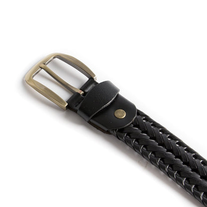 ECHAIN Men Braided Woven Genuine Leather Belt (Waist:34-36, Black)