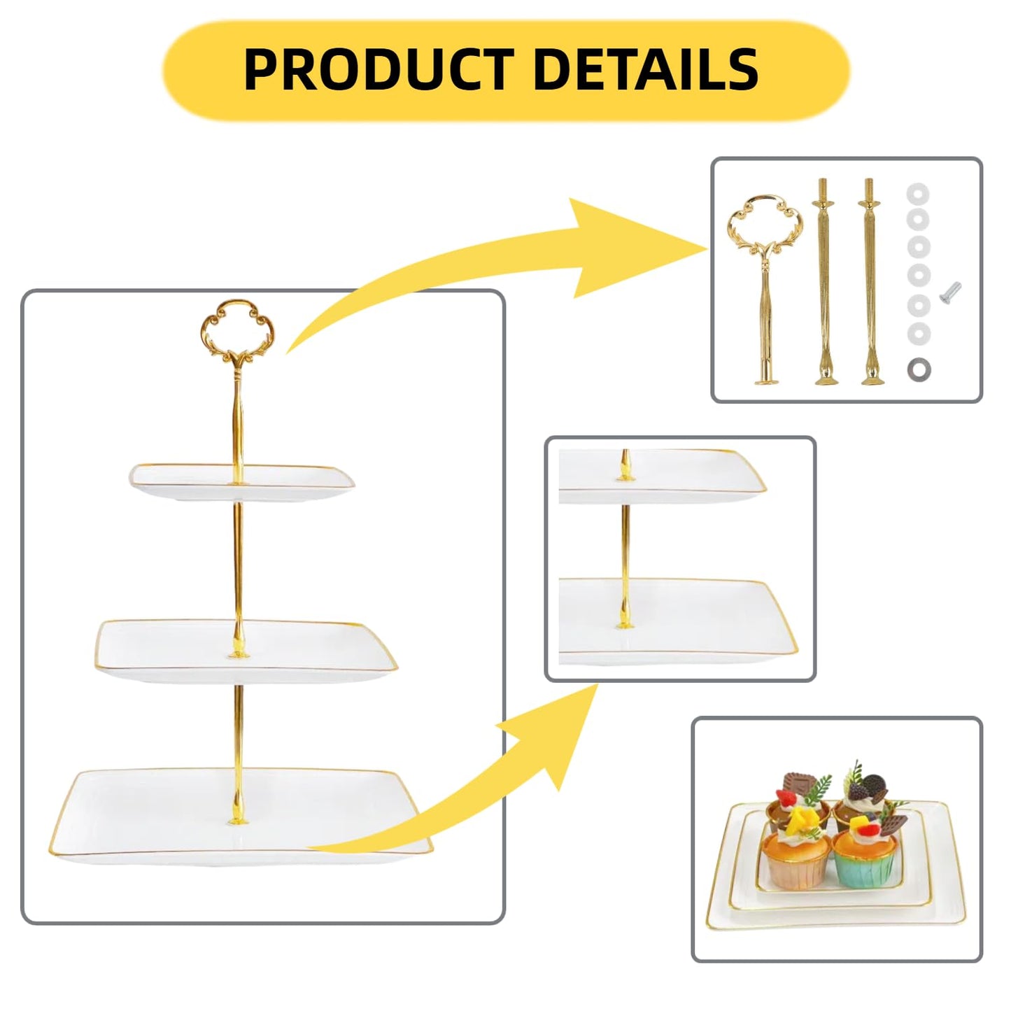 2 Pack RAUVOLFIA Plastic 3 Tier Cupcake Stand with Gold Rim, Plastic Tiered Serving Stand, Dessert Tower Tray for Tea Party, Baby Shower and Wedding, Square