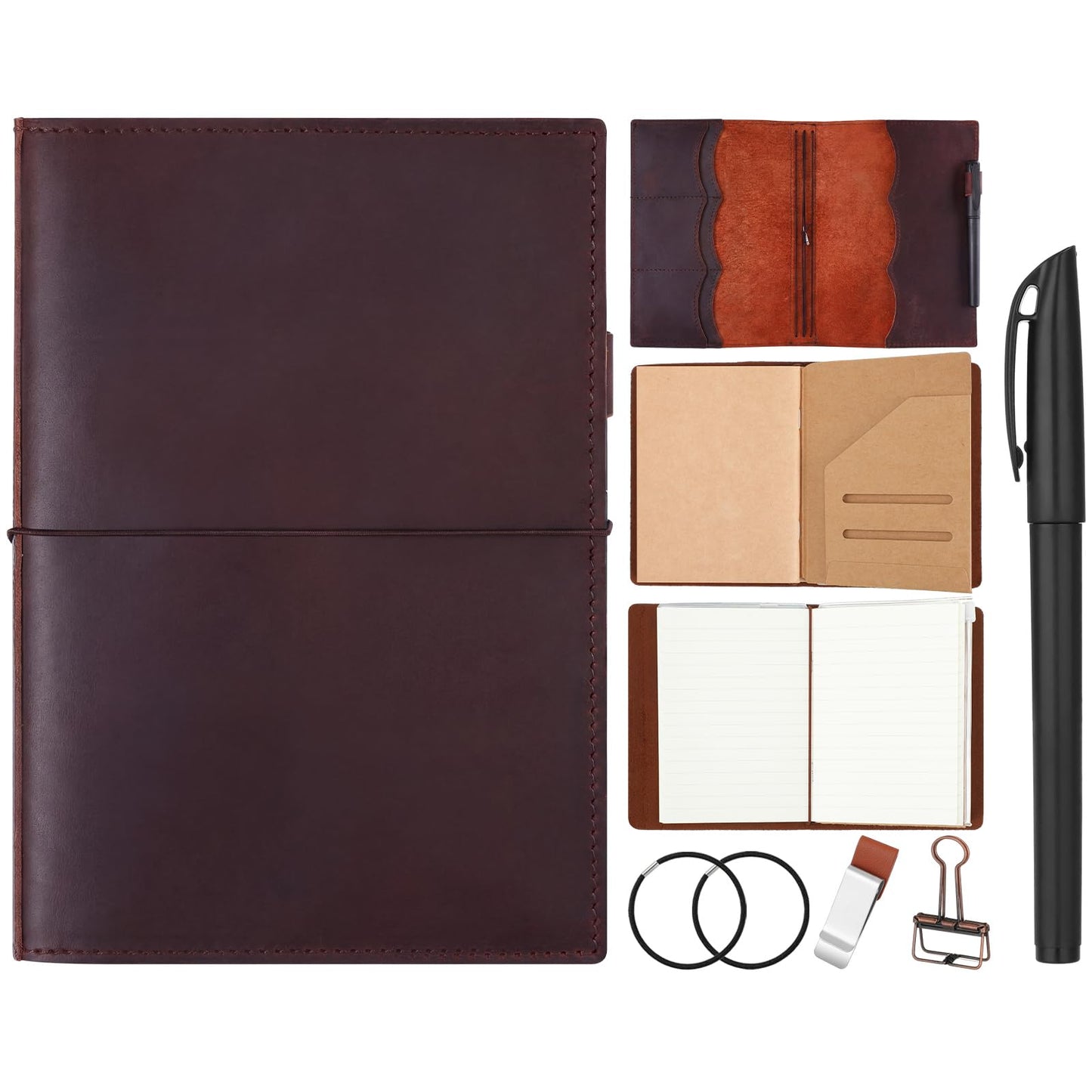 Eaasty Leather A5 Travelers Journal Notebook Cover with Inner Pockets, Card Slots and Pen Holder, Travelers Journal Inserts, PVC Folder, Binder Clip and Elastic Bands for Women Men (Brown)