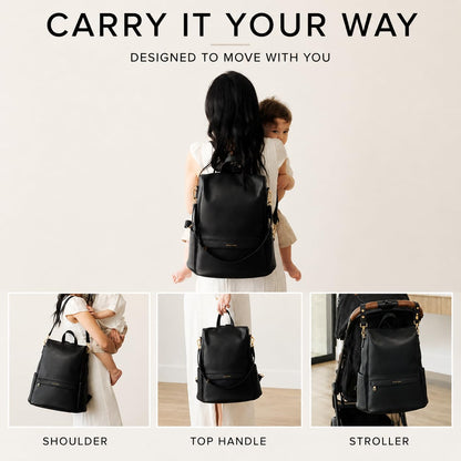 MIA + SOPHIA Leather Diaper Bag Backpack with USB Charging port, Changing Pad, Stroller Straps (Black Mia)