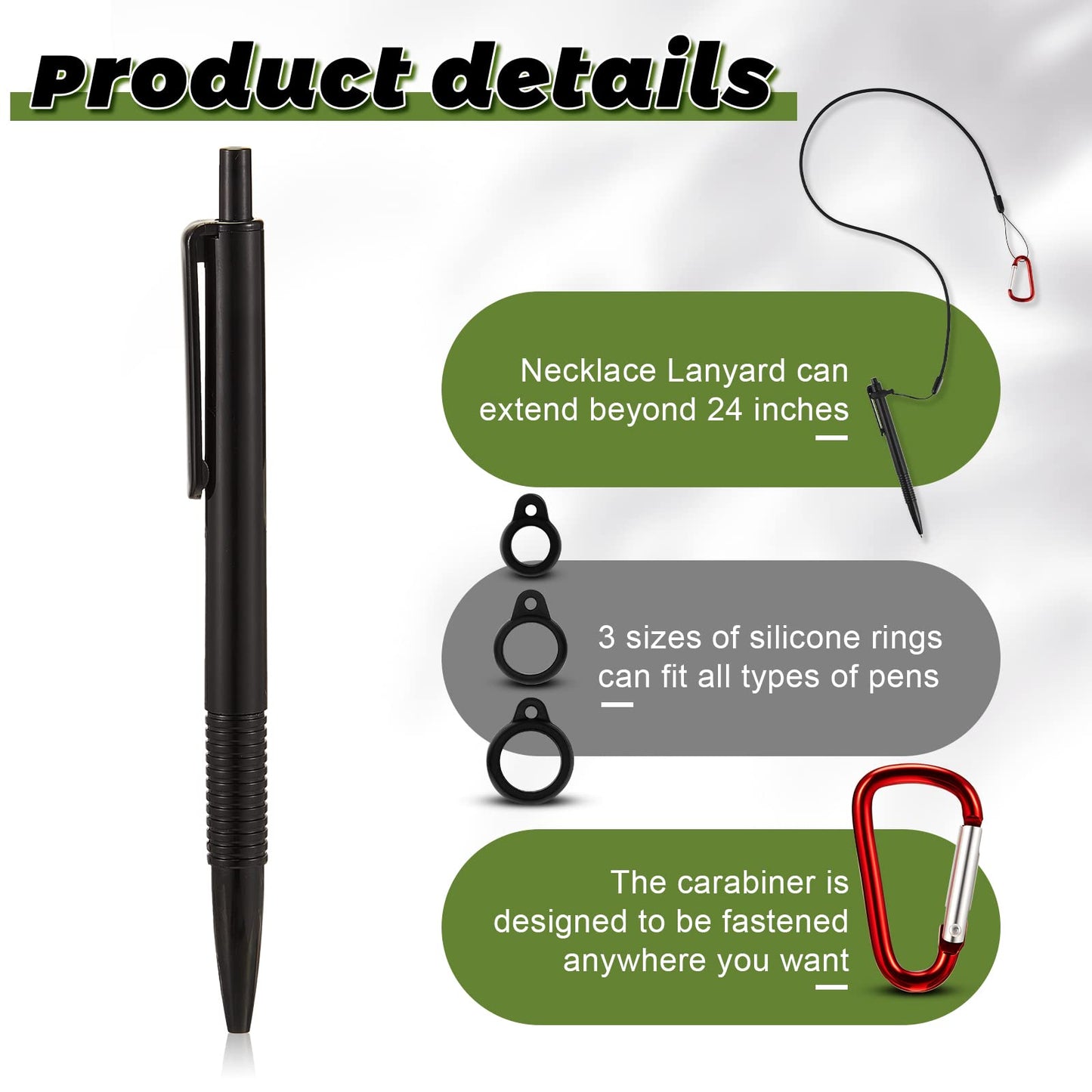 Lewtemi 5 Sets 24 Inch Pen Leash Tether for Clipboard Lanyard Holder Anti-Lost Pen Holder with Silicone Ring, Stylus Tether for Tablet Pens for Office Warehouse Supplies(Black, Classic Style)