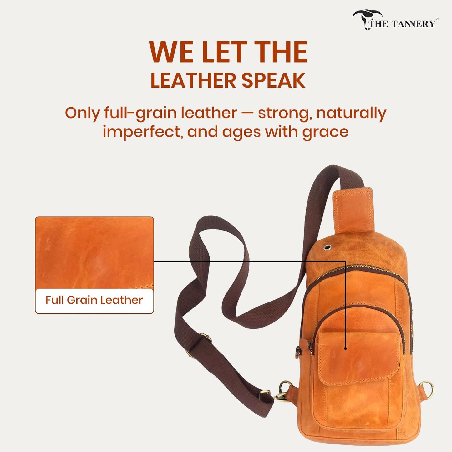 The Tannery Handmade Buffalo Leather Multipurpose Travel Hiking Crossbody Chest Backpack with Adjustable Shoulder Strap, Thanks Giving (Camel Brown, Small)