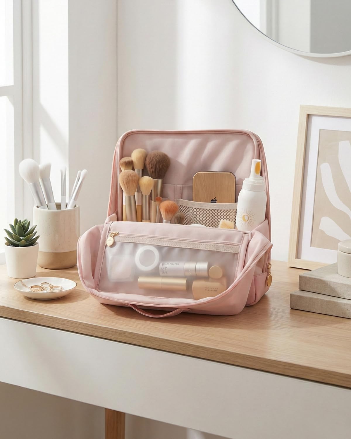 Lucatherine Large Standing Makeup Bag, Sturdy PU Leather Cosmetic Organizer with Fold-Down Phone Tray, Waterproof Travel Toiletry Case with Wipeable TPU Brush Holder, 9.5 Inch, Pink
