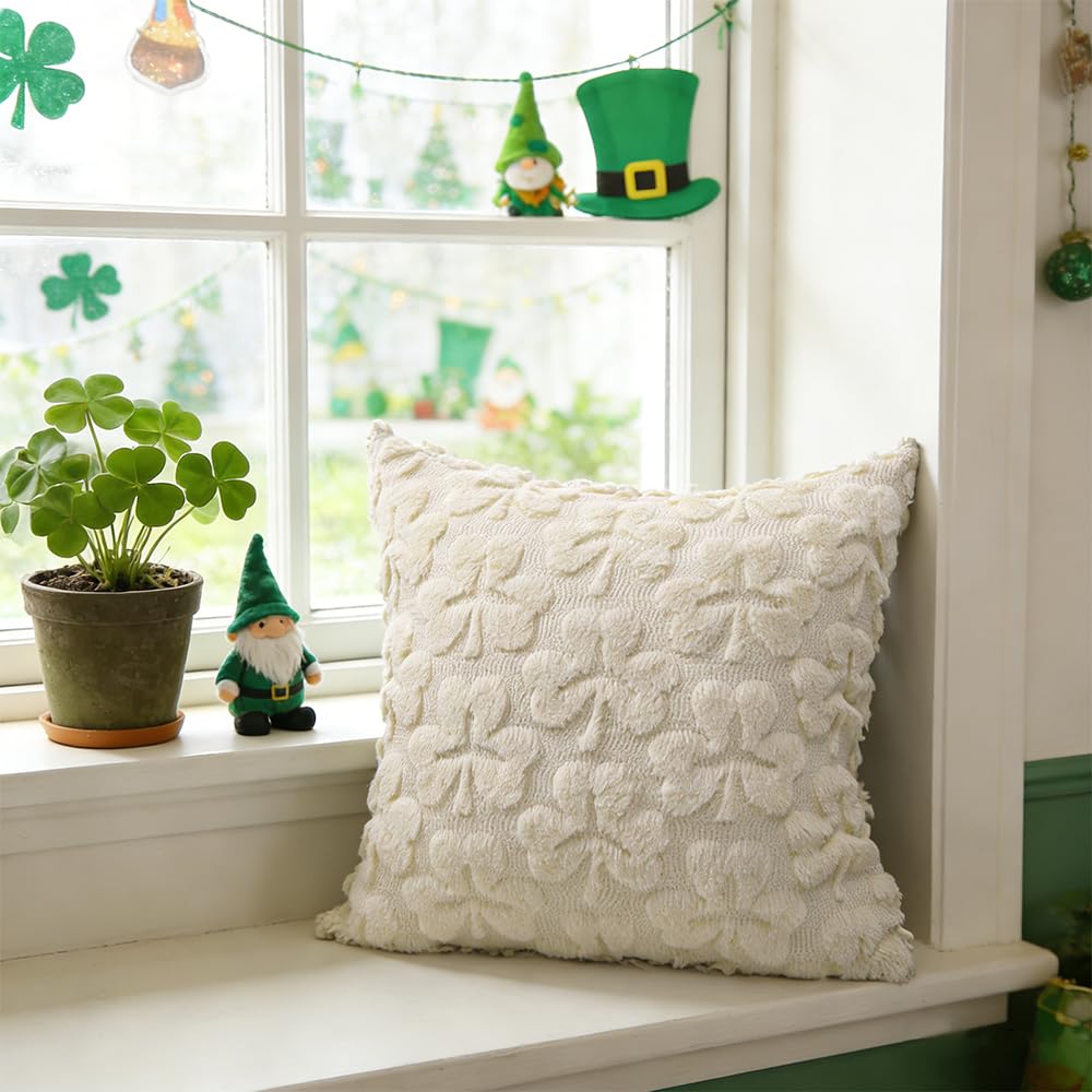 Heirloom Haven St Patrick’s Day Pillow Covers Set of 2,Beige Shamrock Irish Soft Plush Fluffy Faux Fur Jacquard Decorative Holiday Farmhouse Cushion Case for Sofa 20 x 20 Inch