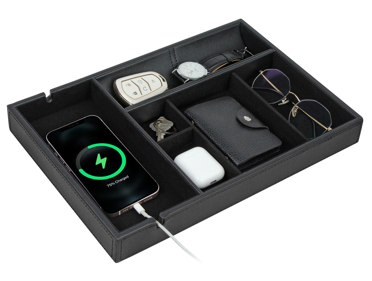 HofferRuffer Faux Leather Valet Tray for Gift, Nightstand Organizer Decorative Dresser Tray Box with Phone Charging Station, Storage Catchall for Men and Women (Black Organizer)