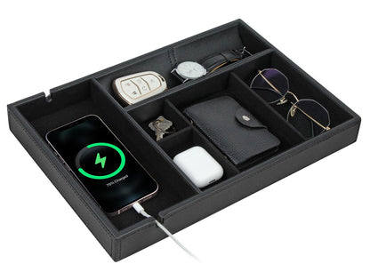HofferRuffer Faux Leather Valet Tray for Gift, Nightstand Organizer Decorative Dresser Tray Box with Phone Charging Station, Storage Catchall for Men and Women (Black Organizer)