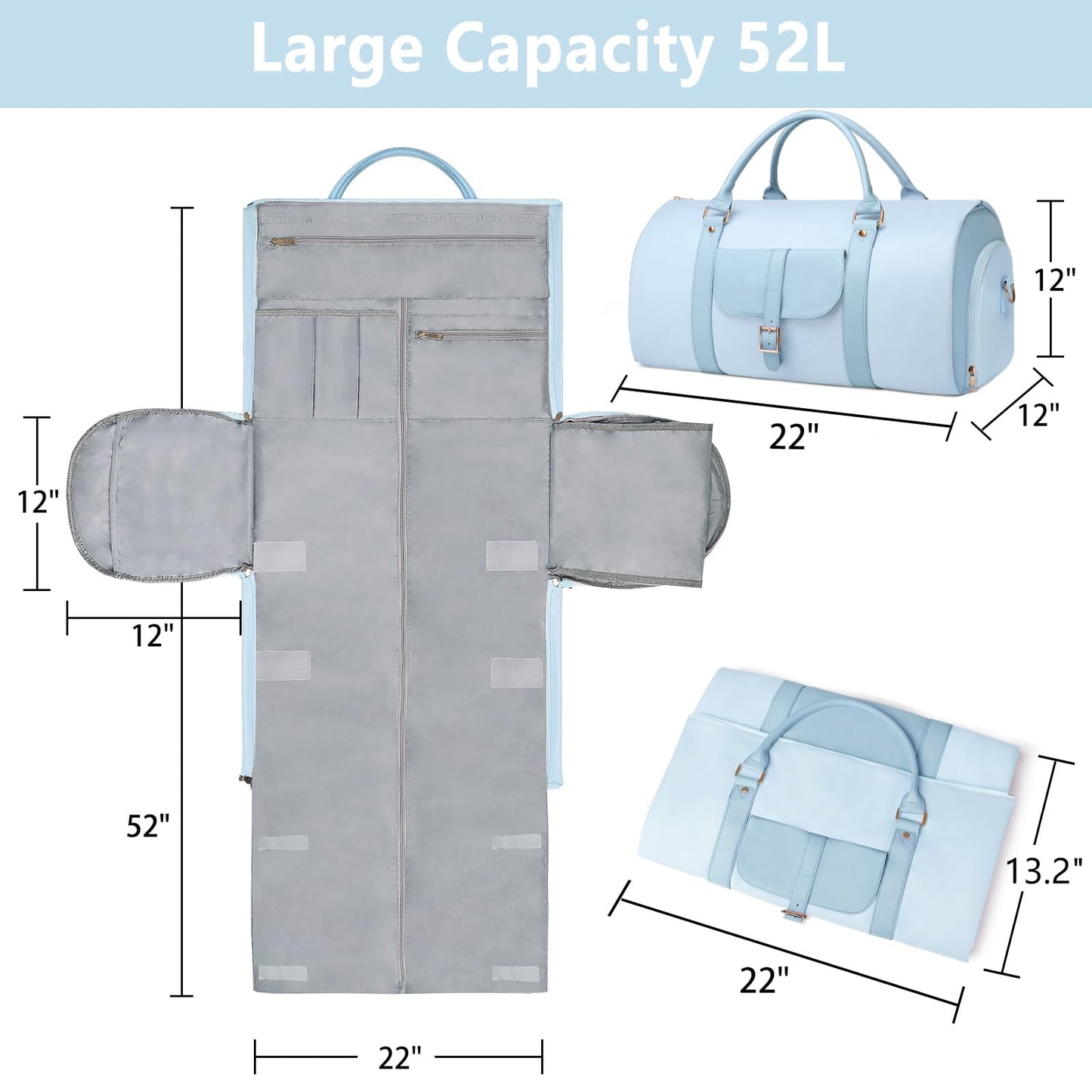 BOLOSTA 2 in 1 Convertible Garment Duffle Bags for Travel Foldable Carry On Garment Bag for Women with Shoe Compartment Leather Suit Bag for Hanging Clothes Long Dresses, Blue