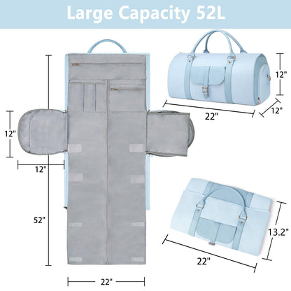 BOLOSTA 2 in 1 Convertible Garment Duffle Bags for Travel Foldable Carry On Garment Bag for Women with Shoe Compartment Leather Suit Bag for Hanging Clothes Long Dresses, Blue