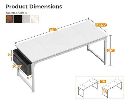 ODK Computer Desk Large Office Desk, 63 Inch Gaming Desk with Storage, Modern PC Work Table with Headphone Hook for Home Office, Splice Board, White + White Leg