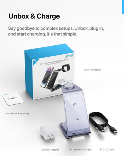 Intoval 3 in 1 Wireless Charging Station for iPhone 17 16 15 14 13 12 11 X Pro Max, Wireless Charger for Apple Watch Ultra 3 SE 9 8 7 6 5 4 3 2, for AirPods 4 Pro Pro 2 3 (Y93, Grey)