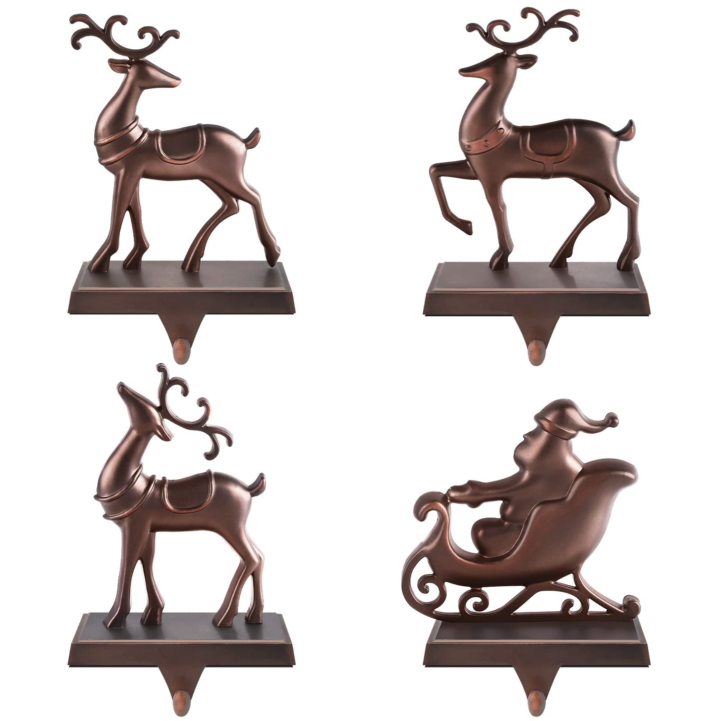 MCEAST Set of 4 Christmas Stocking Holders Santa and Reindeer Mantle Stocking Hangers Metal Christmas Hanging Hooks Safety Hanger Grips for Fireplace Decoration, Black