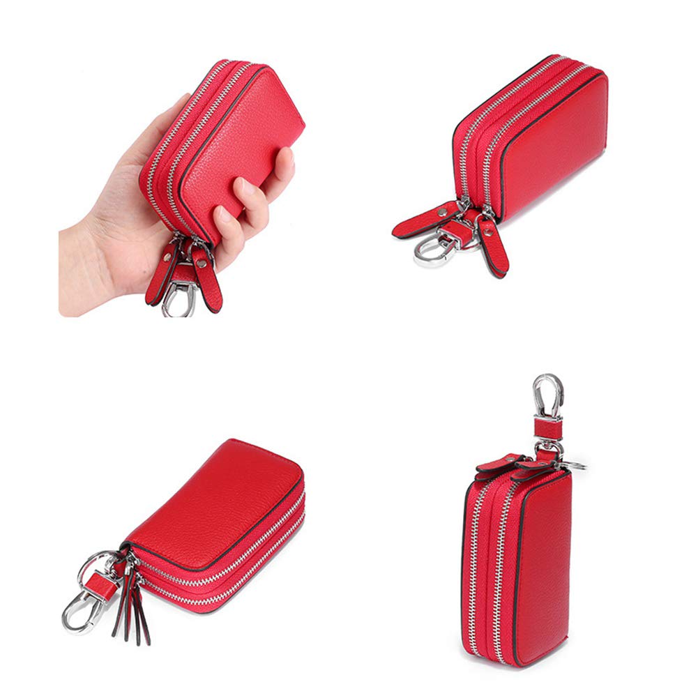 Berfi Life Key Fob Case Genuine Leather, Double Zipper Car Key Holder & Key Wallet with Keychain, Key Pouch for Purse Gift
