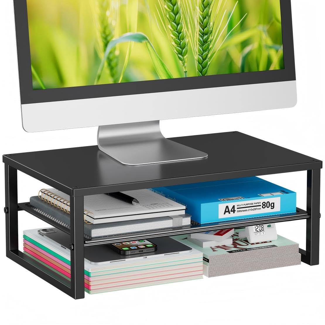 Ekisemio 2-Tier Computer Monitor Stand Riser, Desk Organizer for Monitor, Black