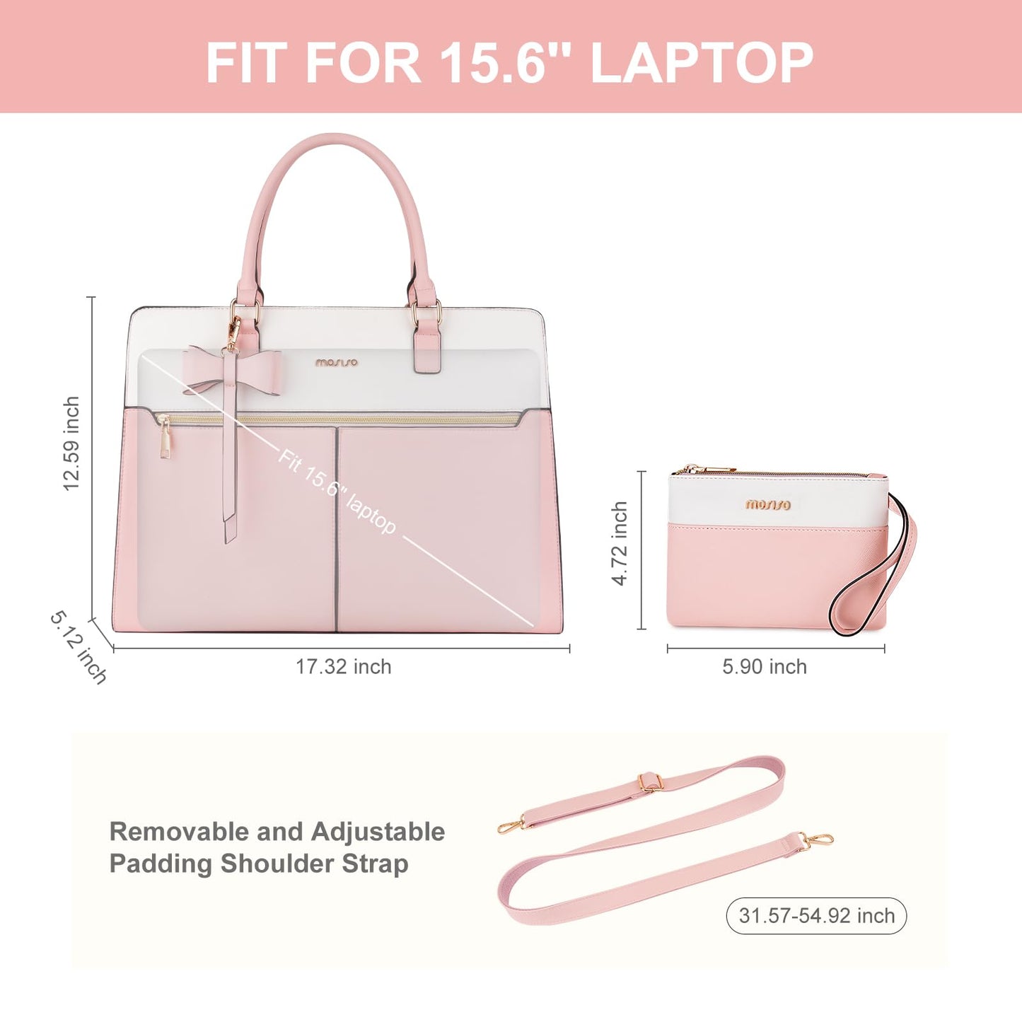 MOSISO Laptop Tote Bag for Women, 15.6 inch Waterproof PU Leather Work Bag with Clutch Purse & Bowknot, Large Capacity Handbag Shoulder Computer Bags Work Briefcase for Business Teacher Office, Pink