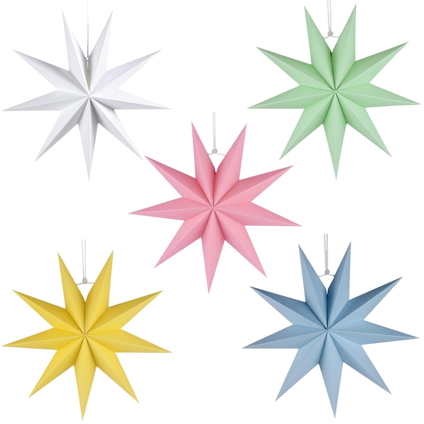 5 PCS Paper 9-Pointed Star Lanterns Hanging Stars Christmas Party Decorations Hanging Lampshade Christmas New Year Wedding Birthday Home Party Decorations(12 Inch) (Macaron 5PCS)