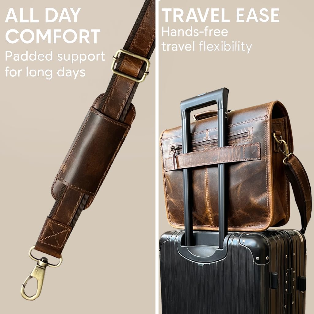 RUSTIC TOWN Leather Messenger Bag for Men - Full Grain Leather Briefcase Laptop Satchel Office Crossbody Travel Bag (16 Inch, Brown)
