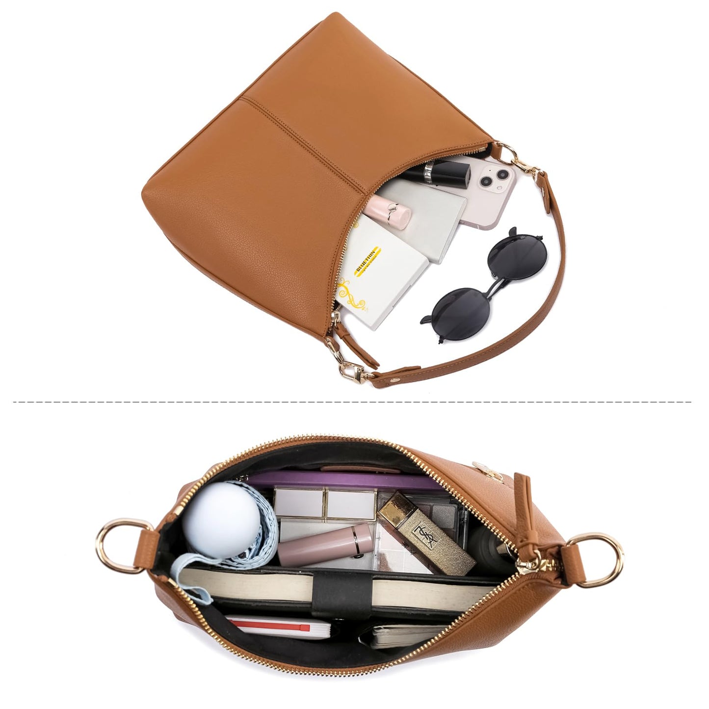 Keyli shoulder bag for women Small Tote Handbags Purse Trendy Zip Leather Crossbody Bags with Adjustable Strap Brown
