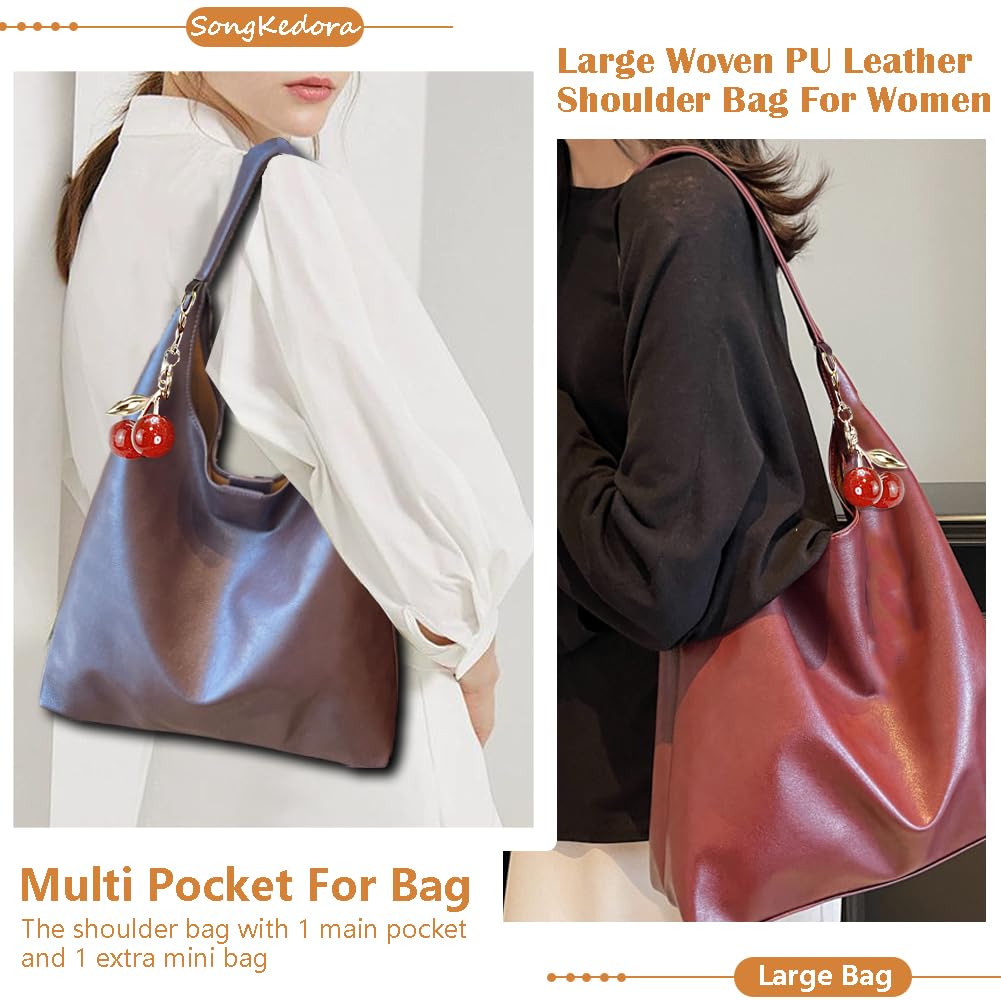 SongKedora Vegan Hobo Bag Cherry Leather Shoulder Purse Slouchy Designer Crossbody Bag for Women Retro Tote Handbag (Coffee)