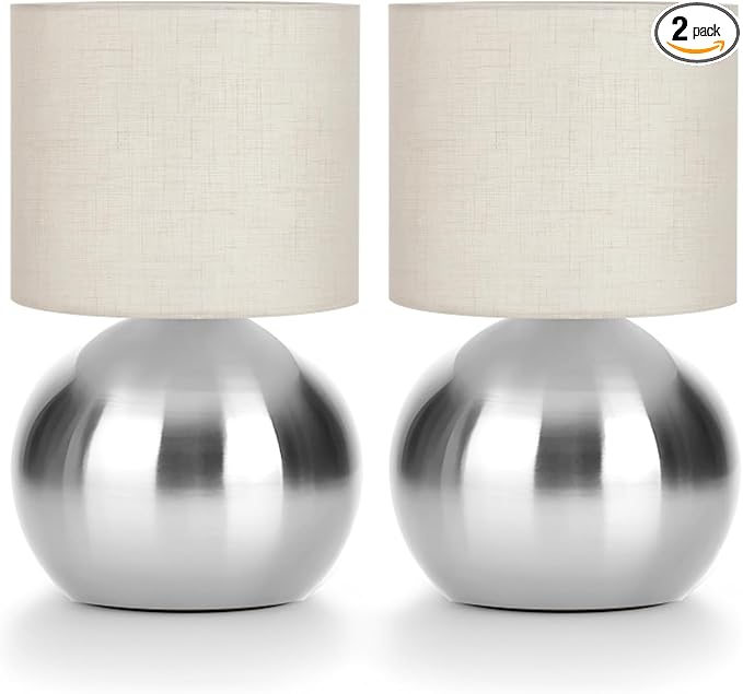 Modern Small Table Lamp Set of 2, Minimalist Nightstand Bedside Lamps with One-Button Inline Switch, 10.4 Inch Desk Light for Bedroom, Living Room,Including Light Bulb（Silvery）