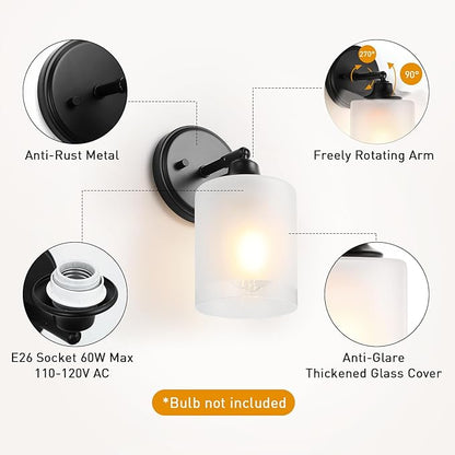 Wall Sconces Set of Two Bathroom Light Fixtures with Frosted Glass Shade, Modern Matte Black Wall Lights Vanity Lights, Sconces Wall Decor Set of 2 for Bathroom Bedroom Mirror (E26 Base)