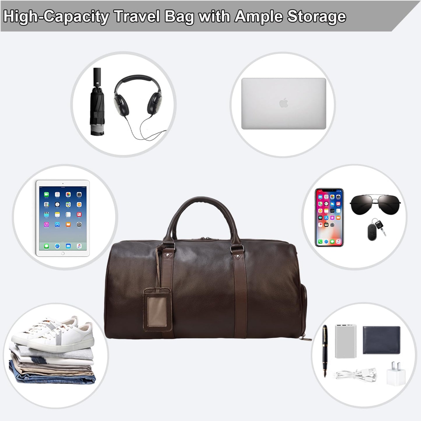 Yevabo Genuine Leather Duffel Bag for Men & Women, Cabin Friendly Carry-On Weekender Bag for Gym Travel Overnight Trips, Brown