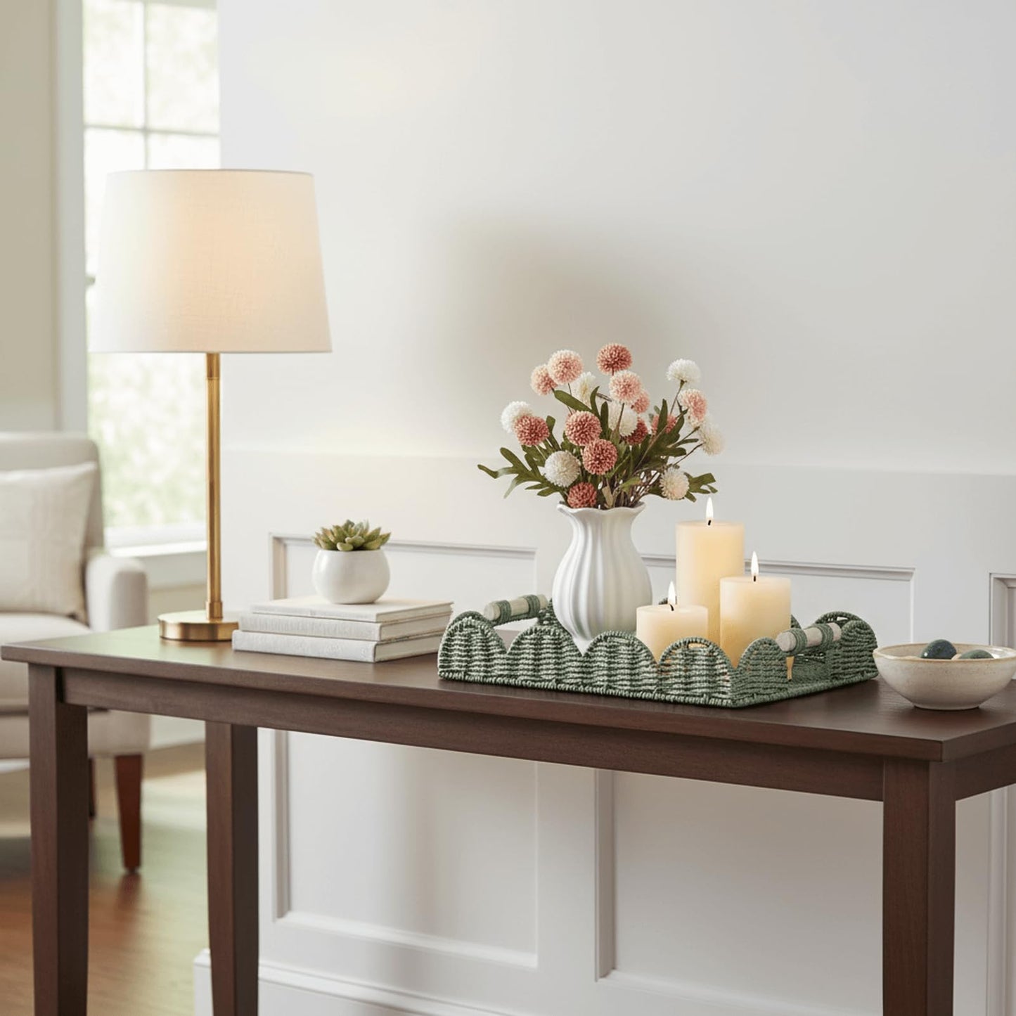 CubesLand Rectangular Scalloped Decorative Centerpiece Tray for Coffee Table, Home Decor, Living Room - Green Tray w/Wooden Handle – Warm and Elegant for Holidays, Housewarmings - Candle Plate Holder