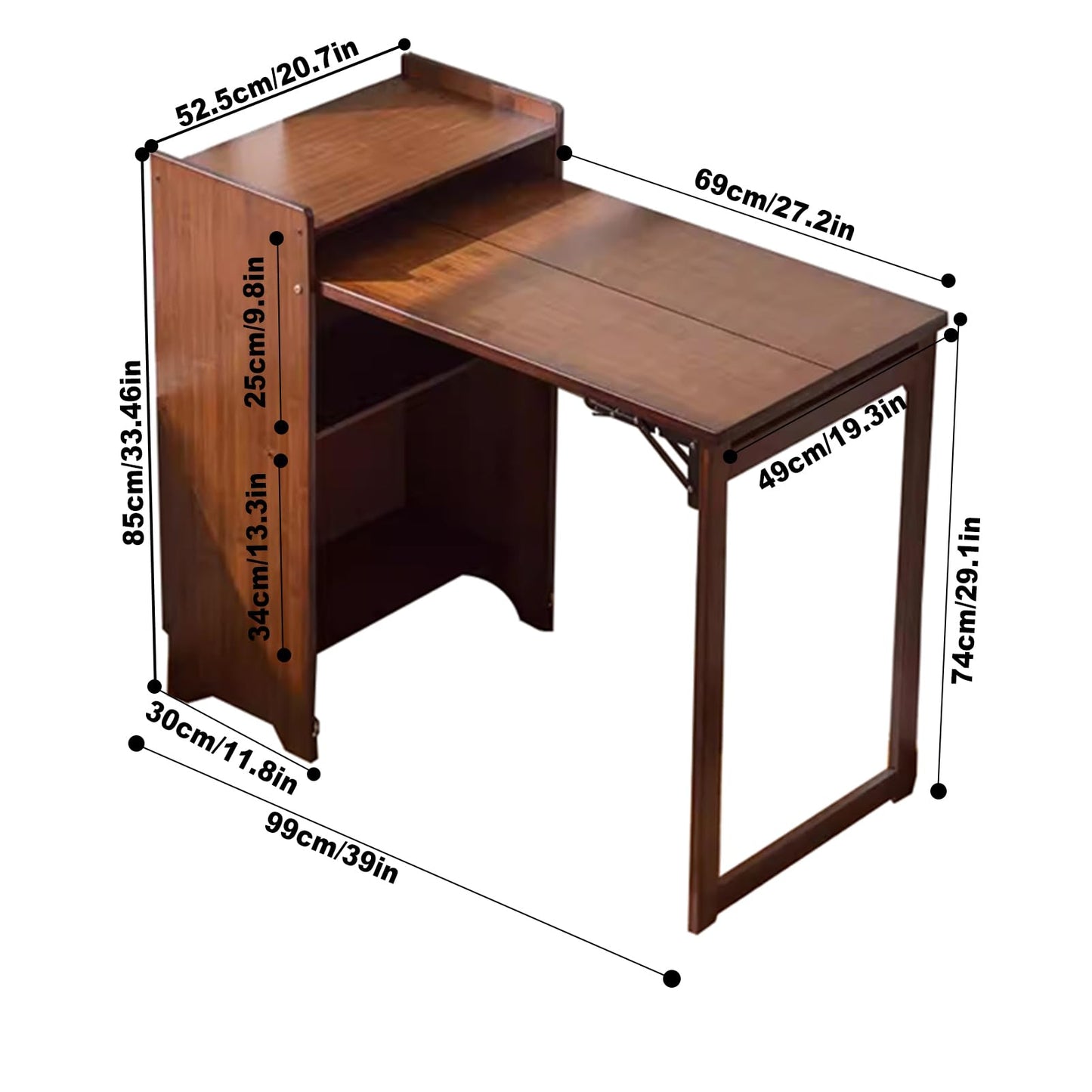 OXBZKMY Bamboo Folding Desk with Storage Shelves, Space Saving Mid Century Modern Bookcase with Drop Down Table, Hide Away Desk for Home Bedroom Study Office