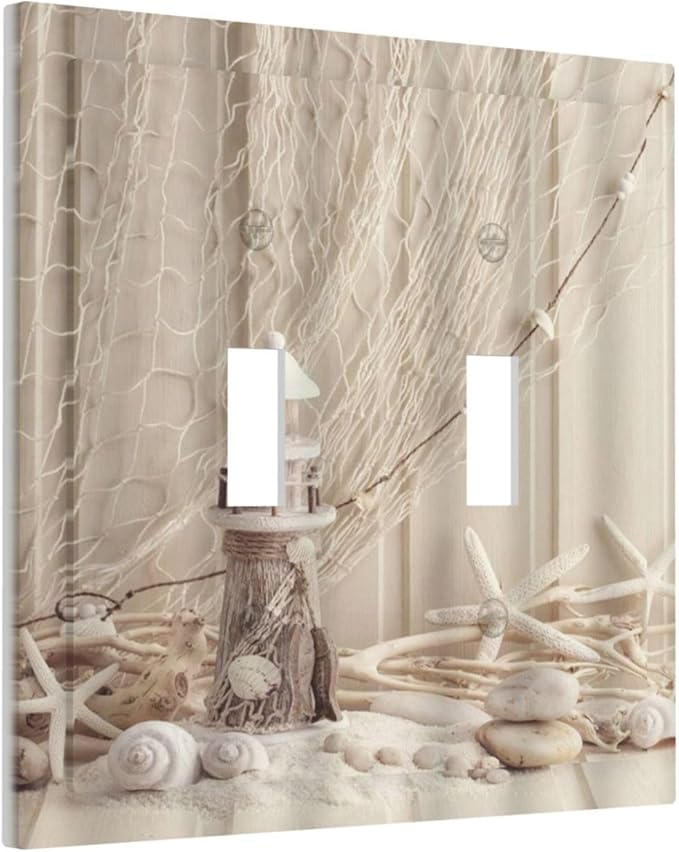 Nautical Coastal 2 Gang Light Switch Plate Cover Seashell Fishing Net Ocean Lighthouse Starfish Double Toggle Wall Plate Decorative Switchplate Electrical Faceplate Beach Theme Decor