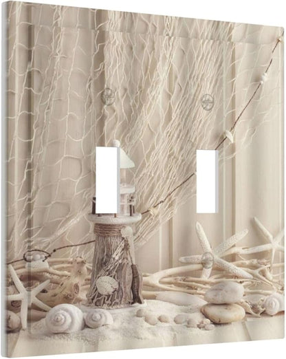Nautical Coastal 2 Gang Light Switch Plate Cover Seashell Fishing Net Ocean Lighthouse Starfish Double Toggle Wall Plate Decorative Switchplate Electrical Faceplate Beach Theme Decor