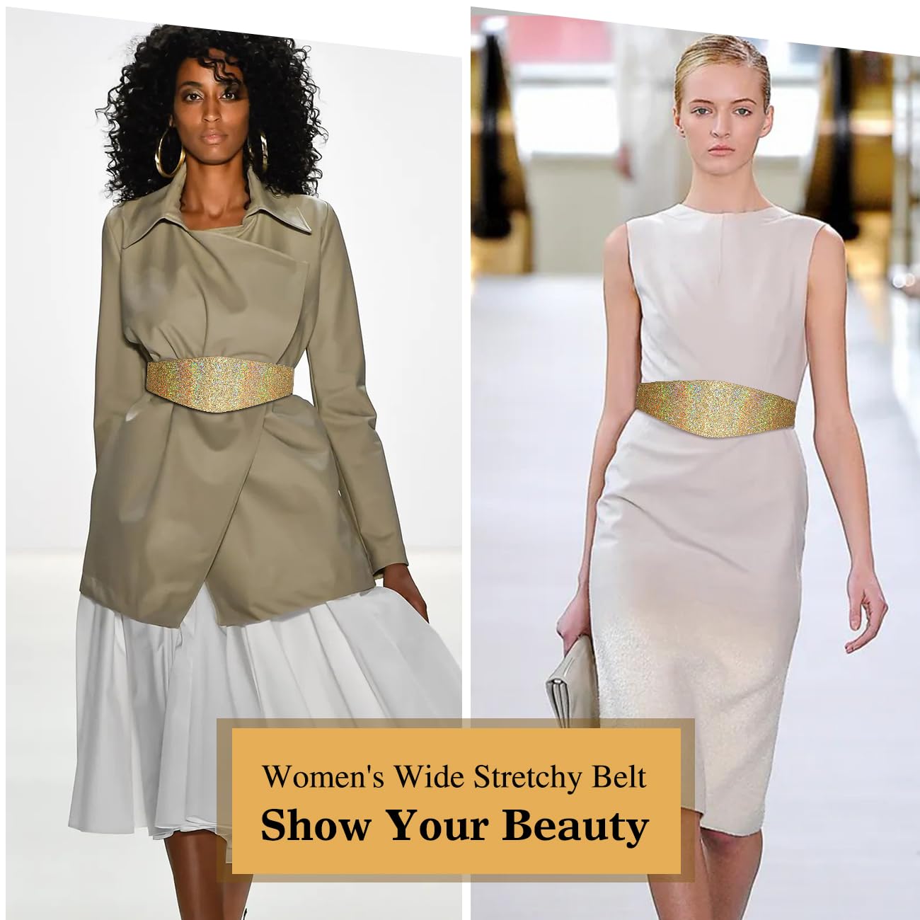 Glamorstar Women Wide Corset Belt Elastic Stretchy Waist Belt for Dresses Gold (Bling Beige Band) 63cm/25in