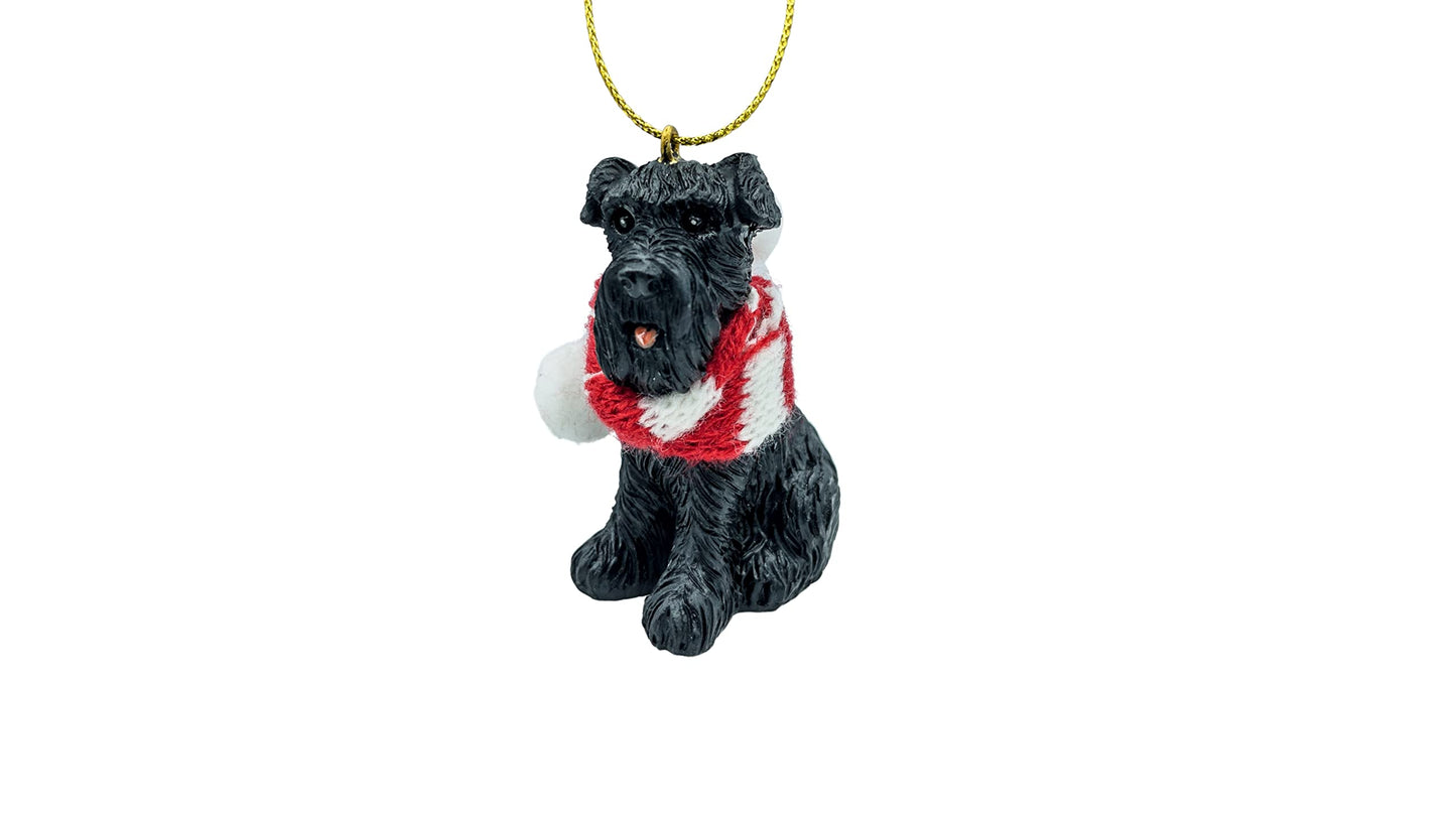 December Pets Miniature Black Schnauzer Dog Christmas Tree Ornament with Candy Cane Scarf