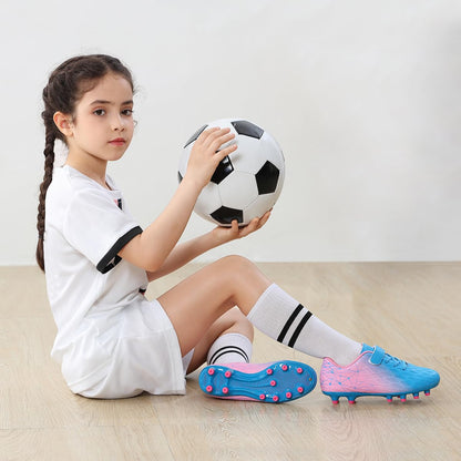 brooman Kids Firm Ground Soccer Cleats Boys Girls Athletic Outdoor Football Shoes(3.5,Blue Pink)