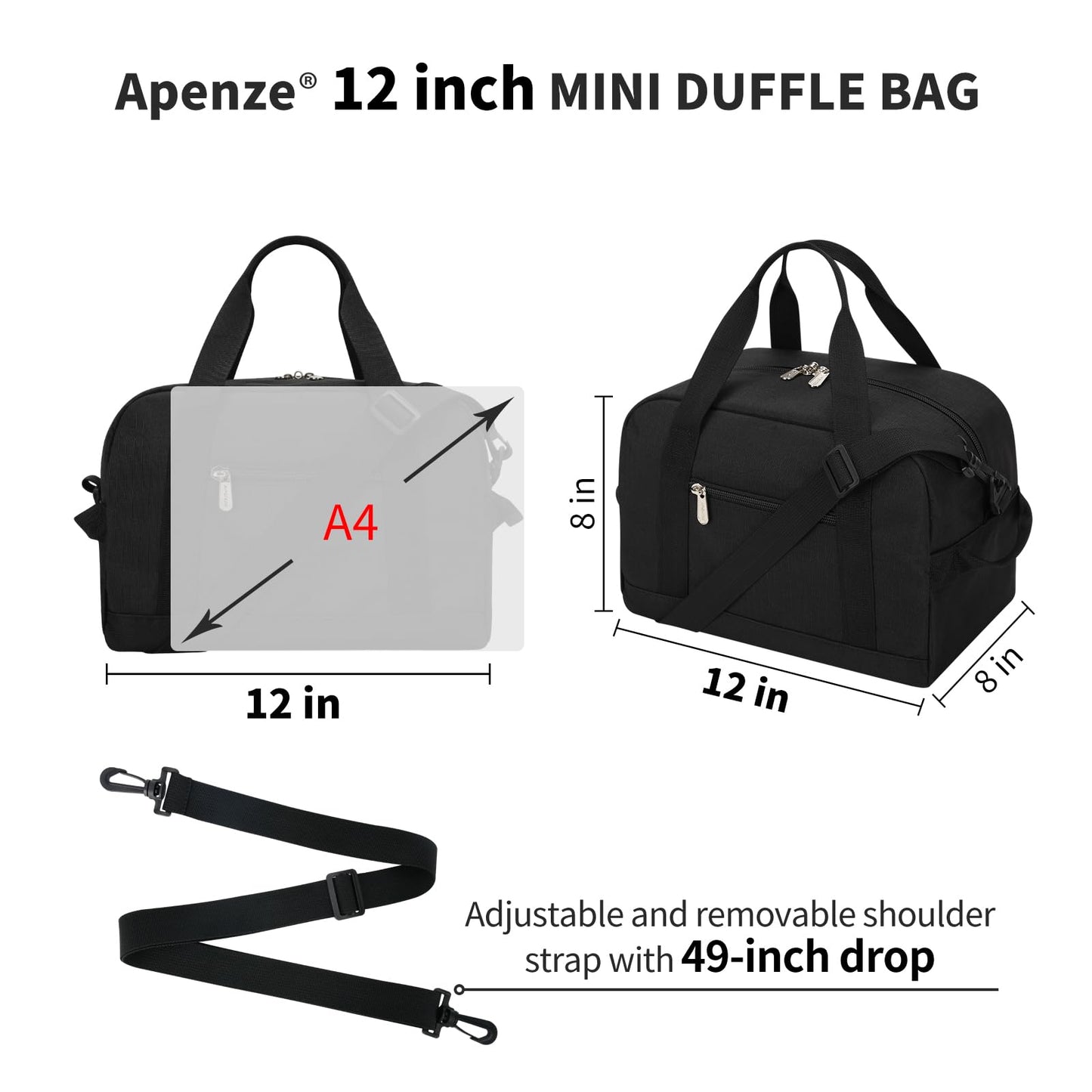 Apenze Small Gym Bag Carry On Bag - 12 in Mini Duffle Bag Lightweight for Overnight Travel（Black）