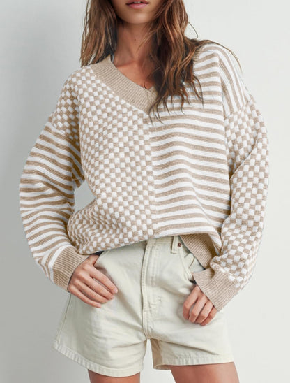 UNCLECAT Women's Striped Checkered Sweater 2025 V Neck Fall Sweaters Casual Knit Trendy Pullover Tops