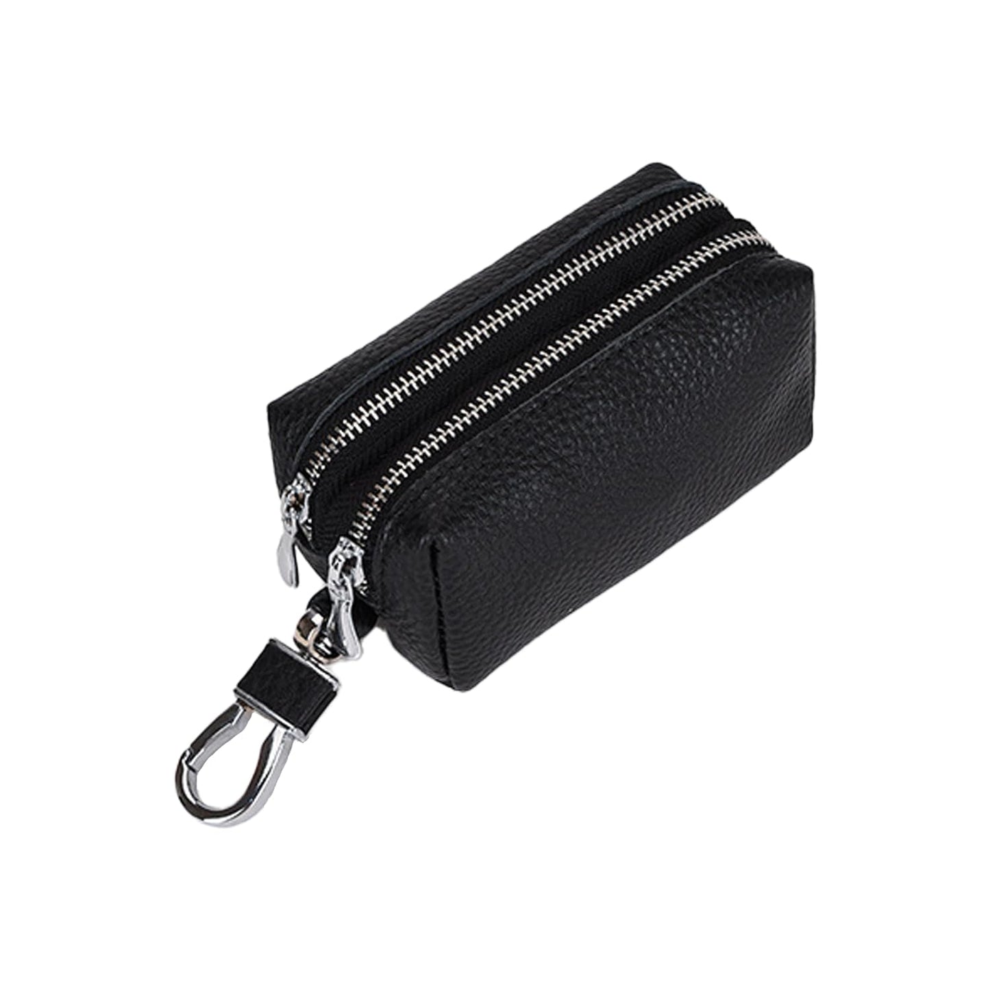 DTSFHTDAL Leather Car Key Wallet Case, Multi Functional First Layer Cowhide Key Bag Double Zipper Keychain Wallet Double Zip Key Bag for Keys (Black)