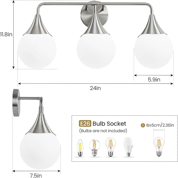 Bathroom Vanity Light Fixtures: Brushed Nickel 3-Light Mid Century Modern Bathroom Lighting Fixtures Over Mirror - Wall Sconce with Milky White Globe Glass for Bath Living Room