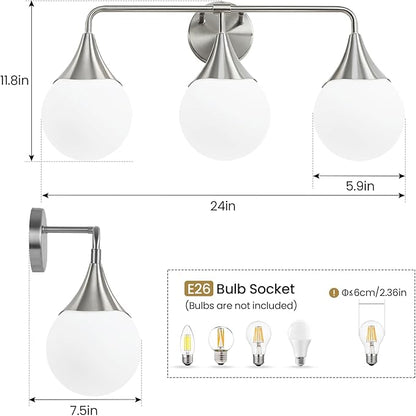Bathroom Vanity Light Fixtures: Brushed Nickel 3-Light Mid Century Modern Bathroom Lighting Fixtures Over Mirror - Wall Sconce with Milky White Globe Glass for Bath Living Room