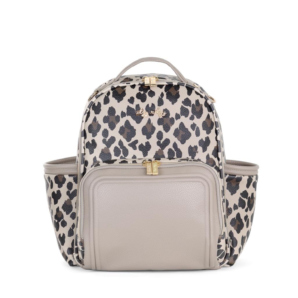 Itzy Ritzy Mini Diaper Bag Backpack – Chic, Compact Mini Plus Backpack with Changing Pad, 10 Pockets (6 Internal, 4 External), Grab-Top Handle & Rubber Feet (Leopard)