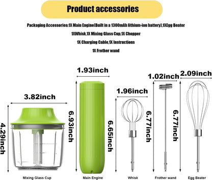 4-in-1 Electric Hand Mixer, Electric Whisk, Mini Onion Chopper 10Oz, Small Cordless Hand Blender, Milk Frother Wand for Coffee, Matcha, 4 Speed Rechargeable Food Processor for Baby Food Maker