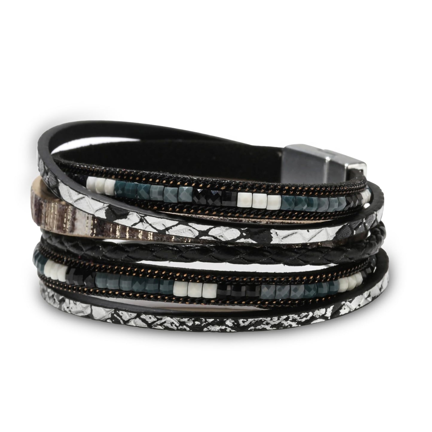 Fesciory Leather Wrap Bracelets for Women, Boho Leopard Multi-Layer Crystal Beads Cuff Bracelet Jewelry (Boho Braid(Black))