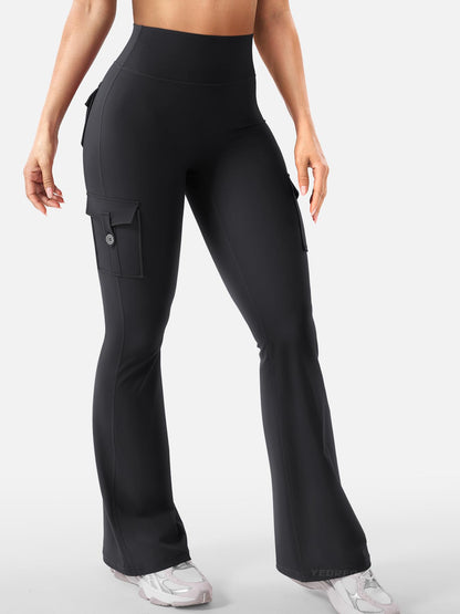 YEOREO CoreFlex Women Workout Flare Leggings with Pockets Hidden Scrunch High Waisted Cargo Gym Yoga Leggings Black XXL