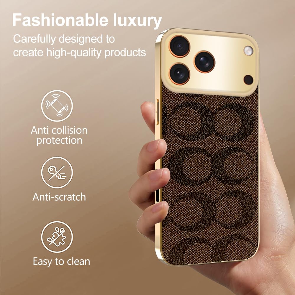 Sriyso Designer Case for iPhone,Luxury Classical Vintage Leather for Women Girl,Camera Protection,Electroplating Frame Anti-Fingerprint Military Grade Drop Shockproof Cover（Gold,iPhone 16 Plus