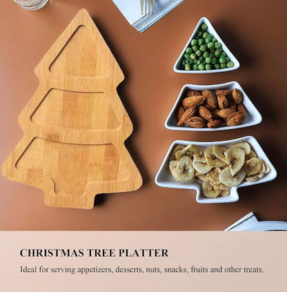 “Christmas Tree Shaped Serving Tray – 3 Tier White Ceramic Plates with Bamboo Stand – Holiday Snack & Dessert Display Platter”