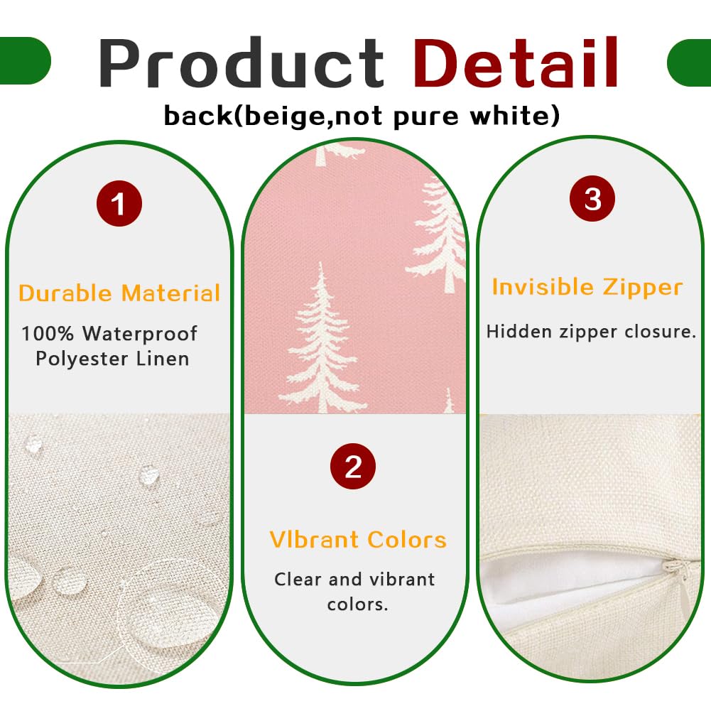 RABUSOFA Christmas Pillow Covers 18x18 inch Set of 2 Indoor Outdoor Waterproof Blush Christmas Decor Tree Decorative Throw Cushion Cases Winter Xmas Holiday Decoration for Couch Patio Pink